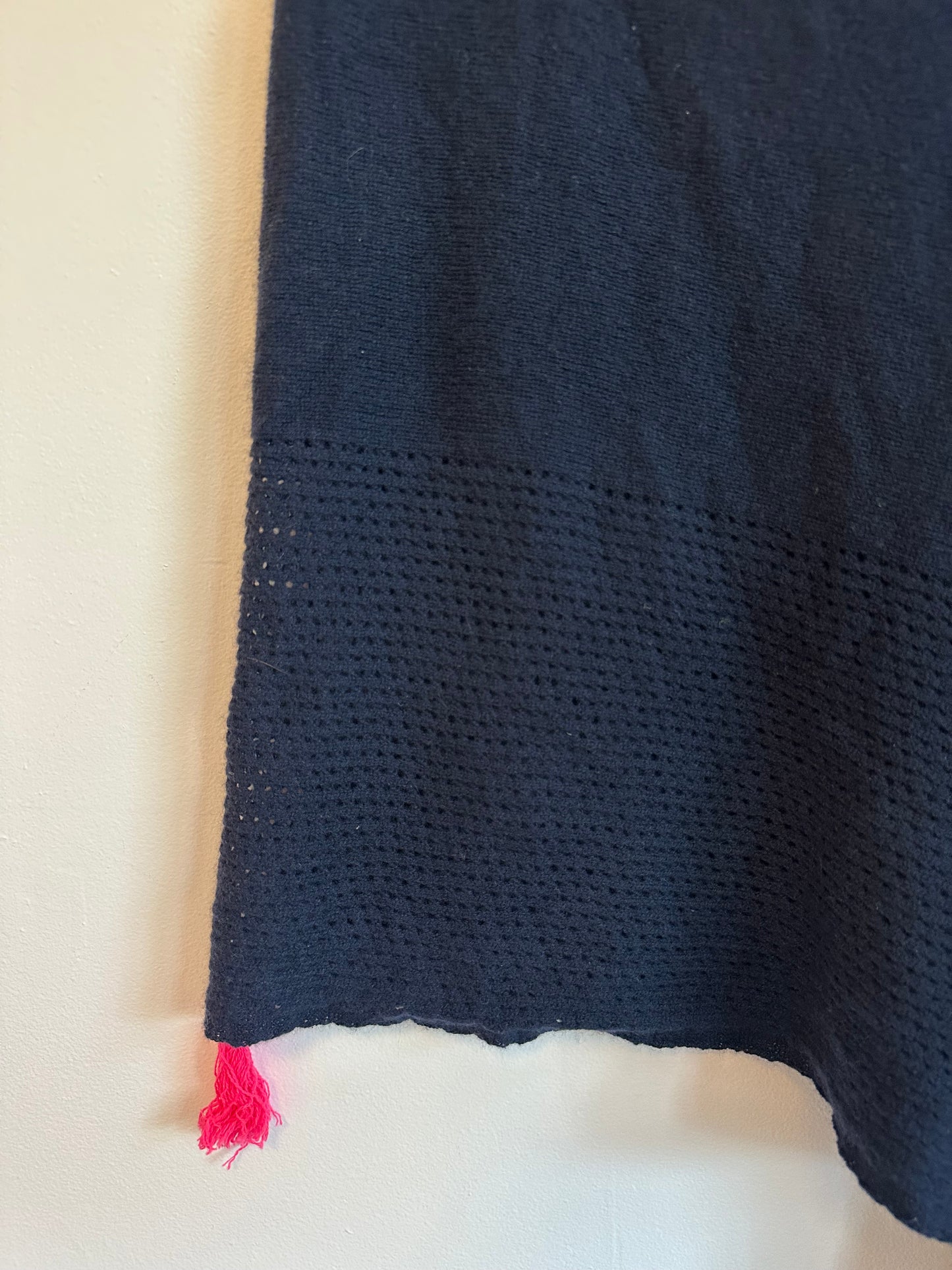 NWT Brodie Cashmere Asymmetrical Navy Blue Poncho with Pink Tassels