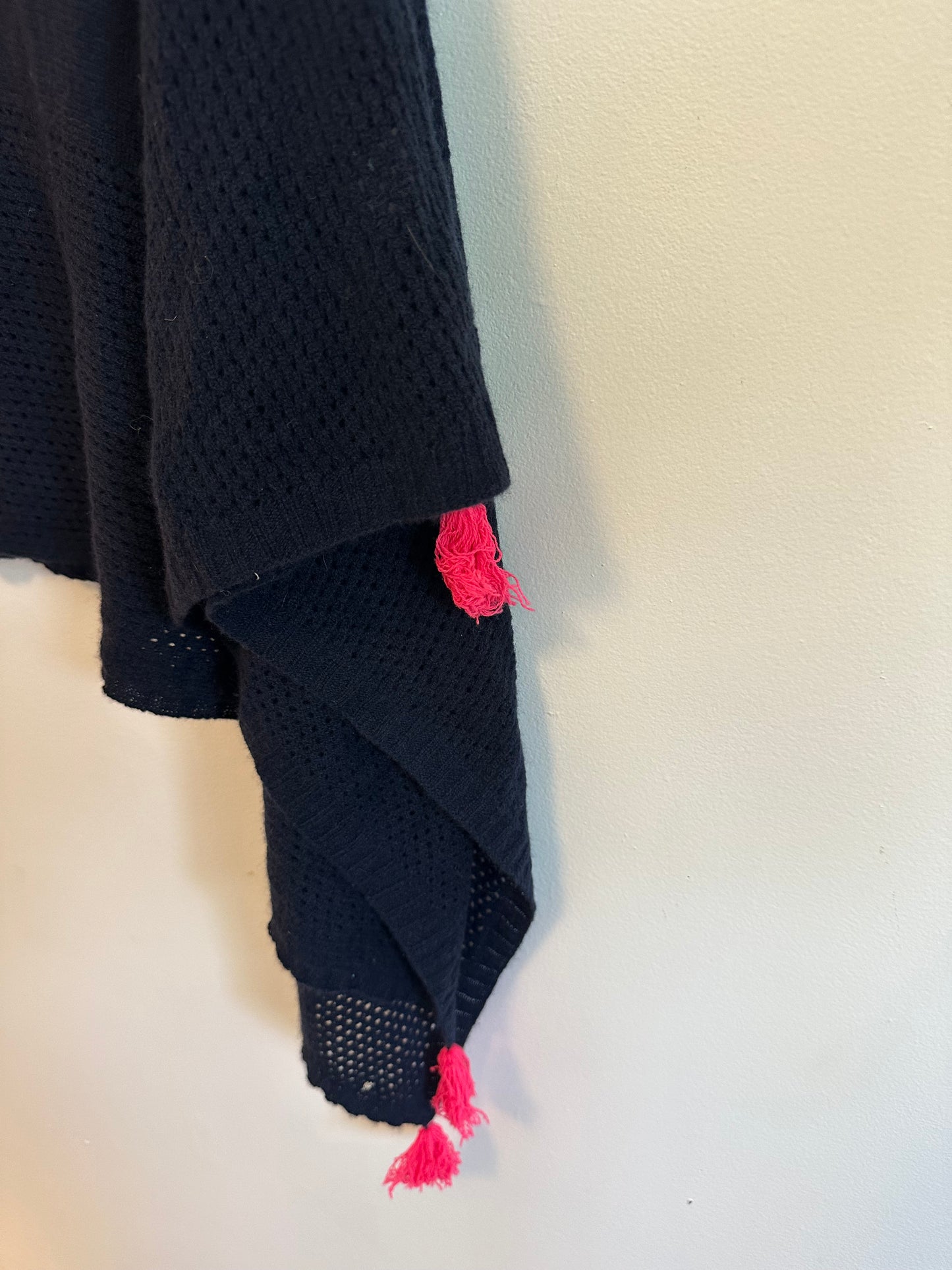 NWT Brodie Cashmere Asymmetrical Navy Blue Poncho with Pink Tassels