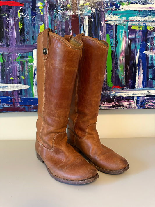 Frye Melissa Button Tall Leather Riding Boots in Cognac Tan | Size 8