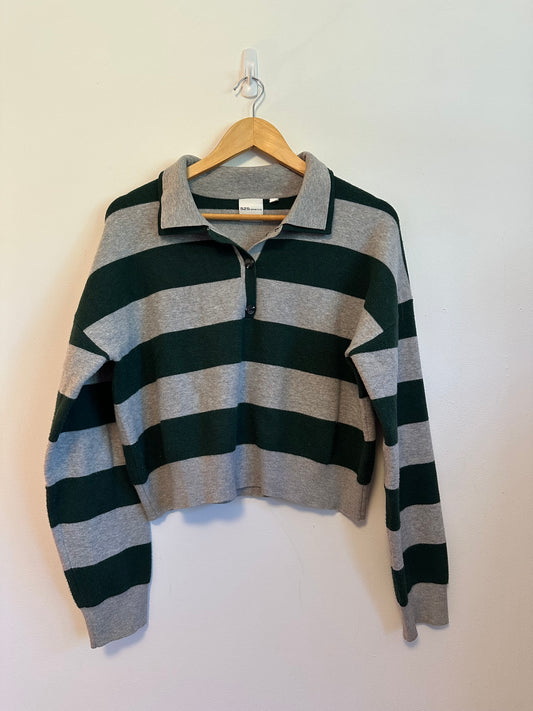 525 America Grey and Green Striped Cropped Polo Sweater | Size Large