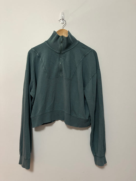 Mono B Quarter Zip Cropped Pullover Sweatshirt in Teal Cotton | Size Medium