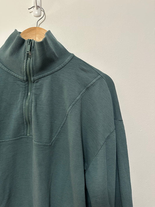 Mono B Quarter Zip Cropped Pullover Sweatshirt in Teal Cotton | Size Medium