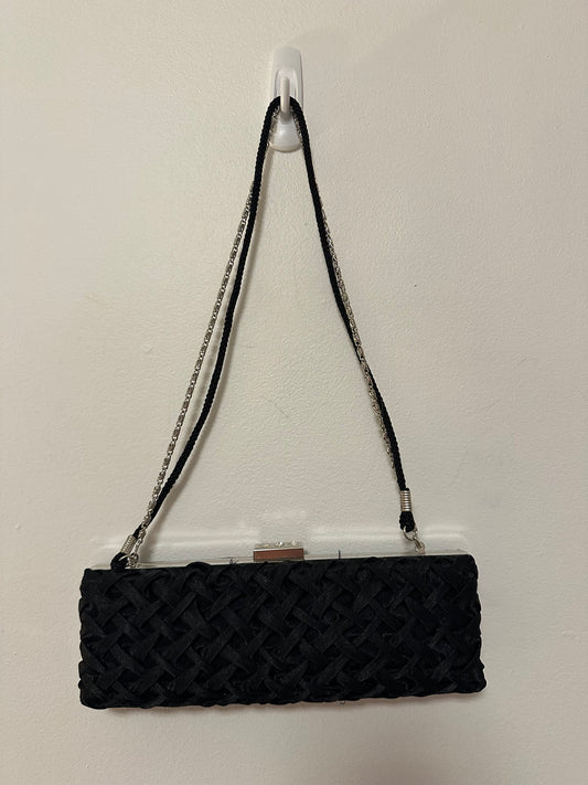 Black Woven Satin Evening Clutch with Rhinestone Clasp and Silver Chain