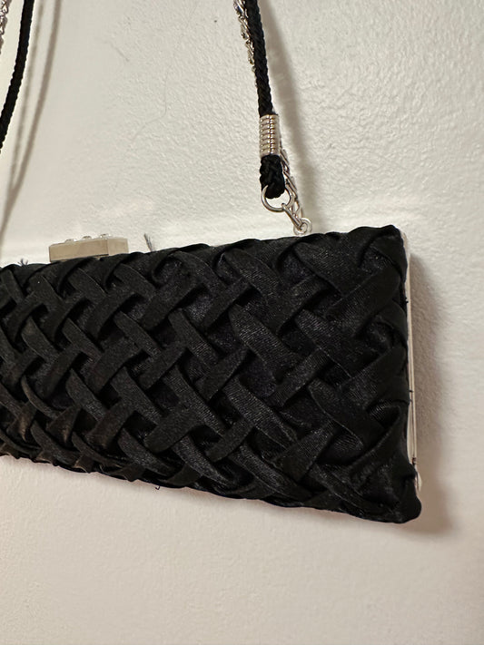 Black Woven Satin Evening Clutch with Rhinestone Clasp and Silver Chain