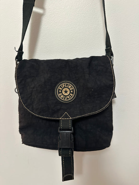 Kipling Black Small Crinkled Nylon Crossbody Buckle Flap Messenger Bag