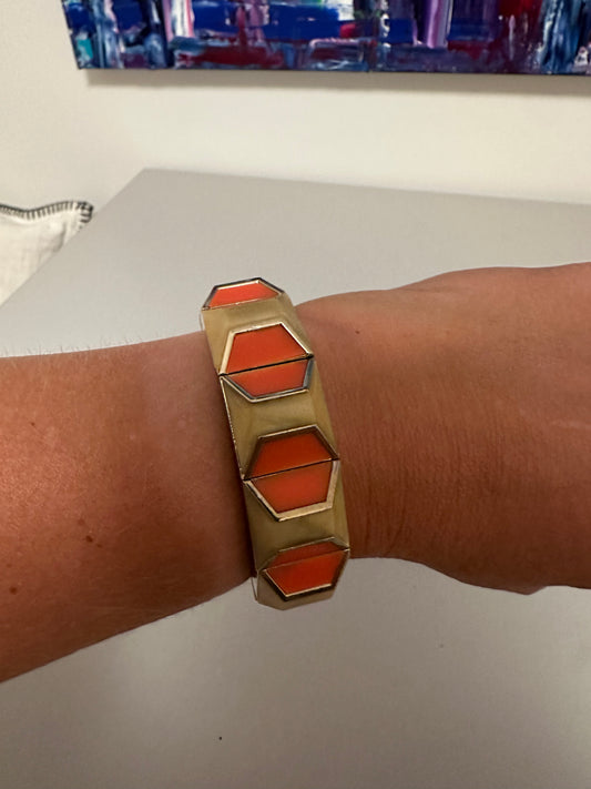 Vintage Geometric Hexagon Stretch Bracelet in Orange Cream and Gold Tone