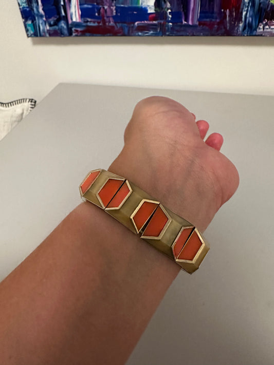 Vintage Geometric Hexagon Stretch Bracelet in Orange Cream and Gold Tone