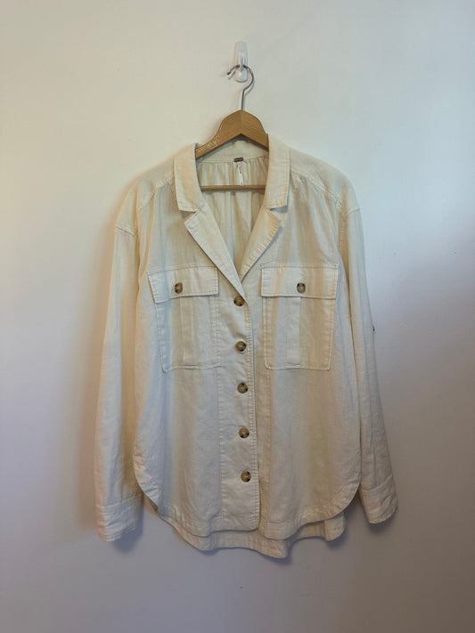 Free People Cream Linen and Cotton Button Down Utility Shirt | Size Medium