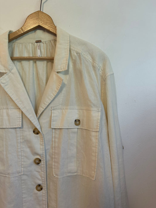 Free People Cream Linen and Cotton Button Down Utility Shirt | Size Medium