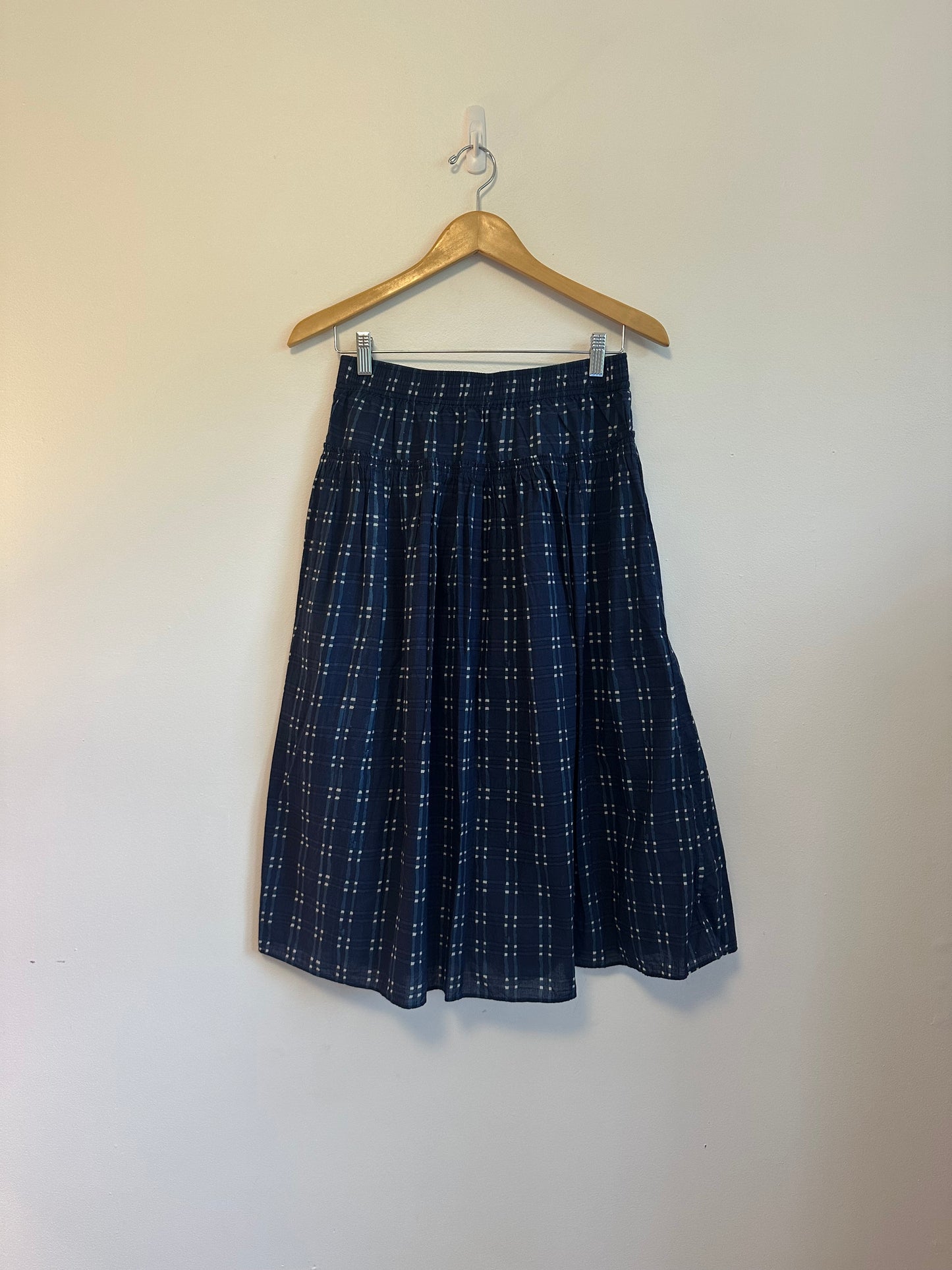 Madewell Pull-On Midi Skirt in Shibori Indigo Plaid | Size XS