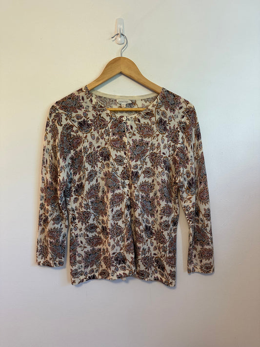 Garnet Hill Merino Wool Paisley Floral 3/4 Sleeve Cardigan | Size Medium
