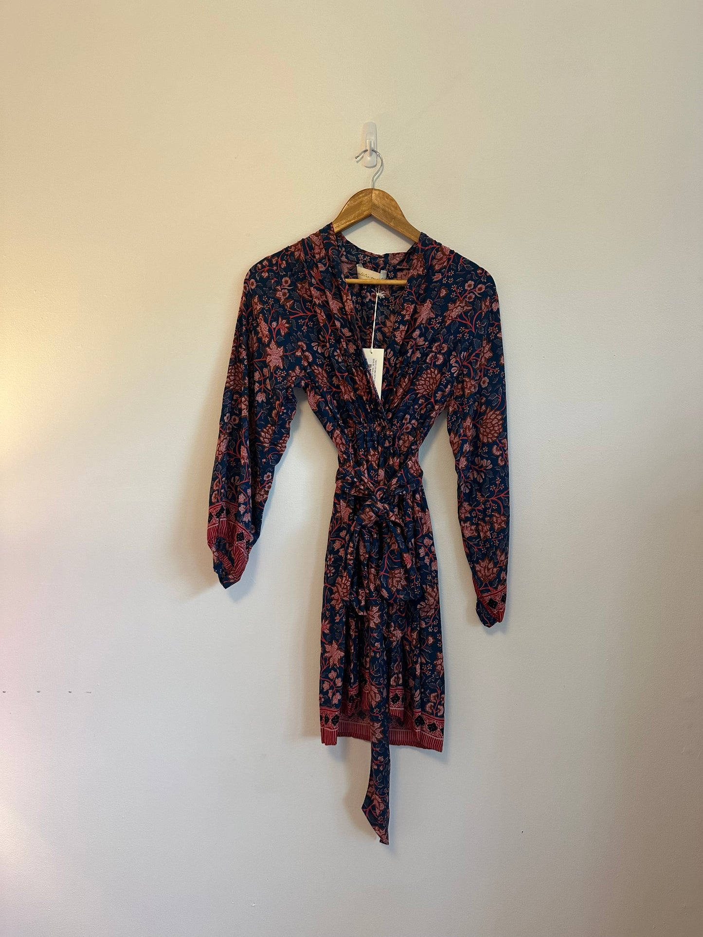 NWT Natalie Martin Nico Long Sleeve Dress with Sash in Indigo Dahlia Floral | XS