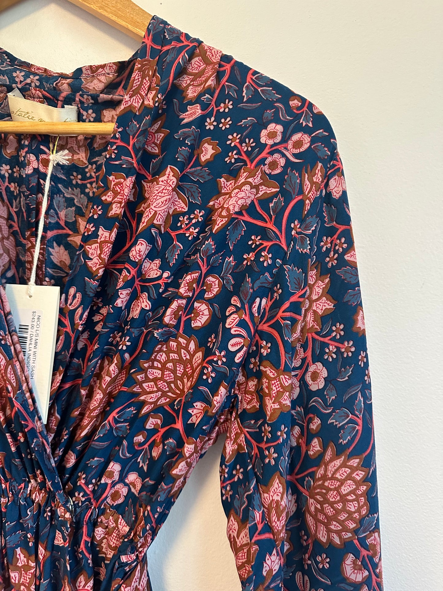NWT Natalie Martin Nico Long Sleeve Dress with Sash in Indigo Dahlia Floral | XS