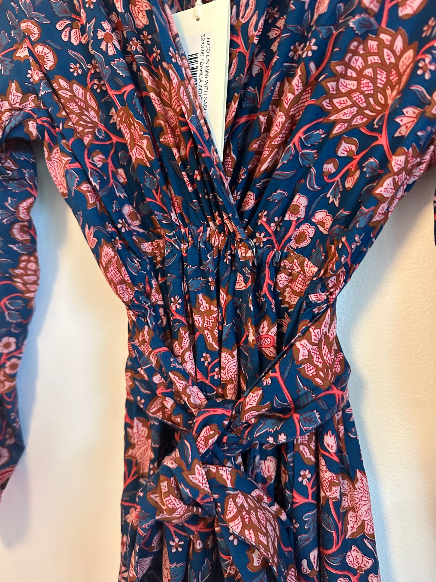 NWT Natalie Martin Nico Long Sleeve Dress with Sash in Indigo Dahlia Floral | XS