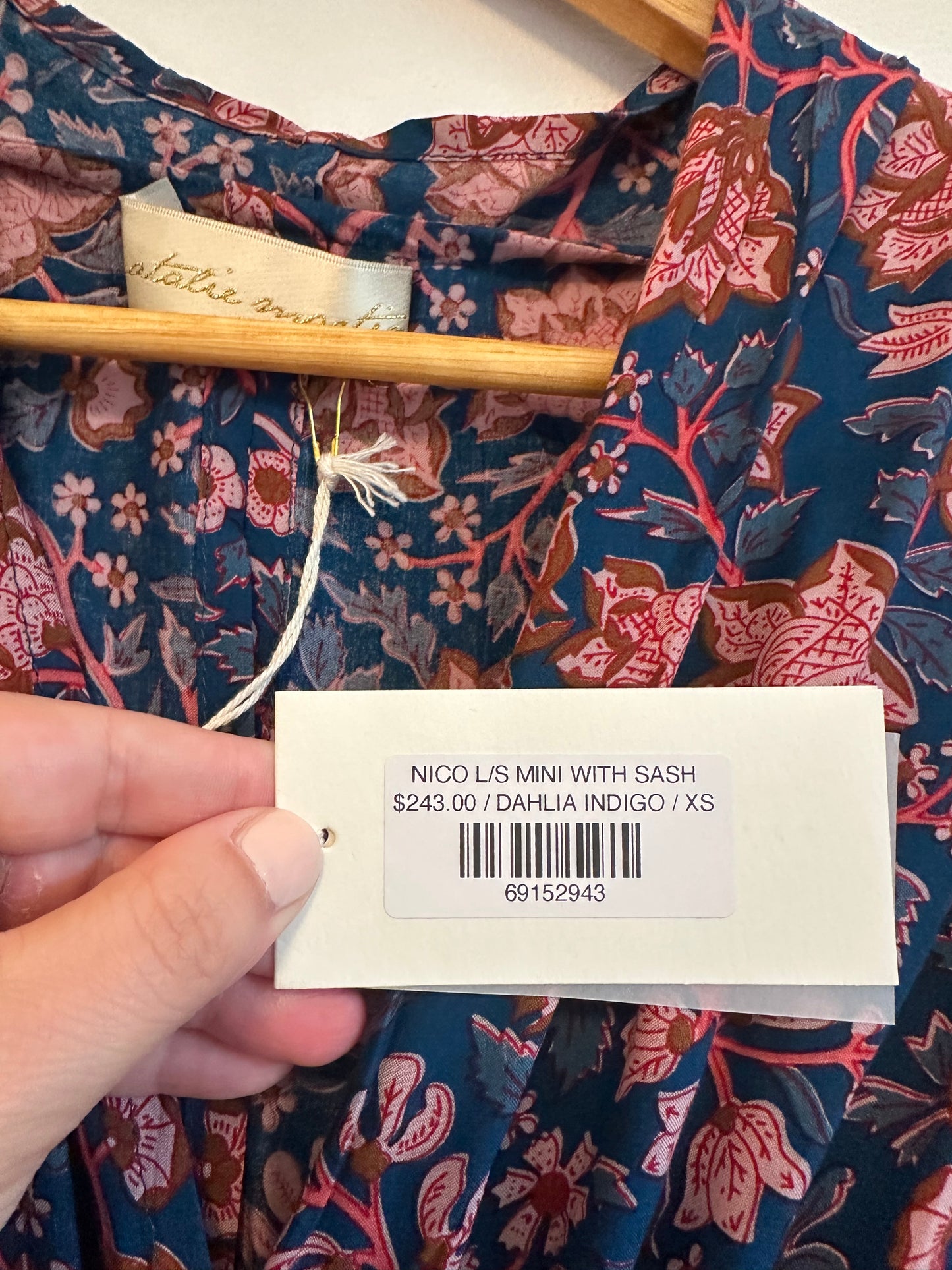 NWT Natalie Martin Nico Long Sleeve Dress with Sash in Indigo Dahlia Floral | XS