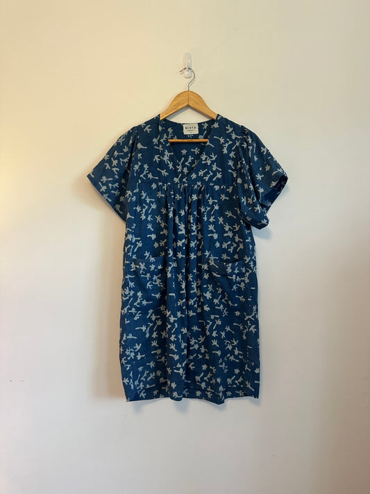 Mirth Indigo Block Print Short Cotton Mini Dress with Pockets | Size XS
