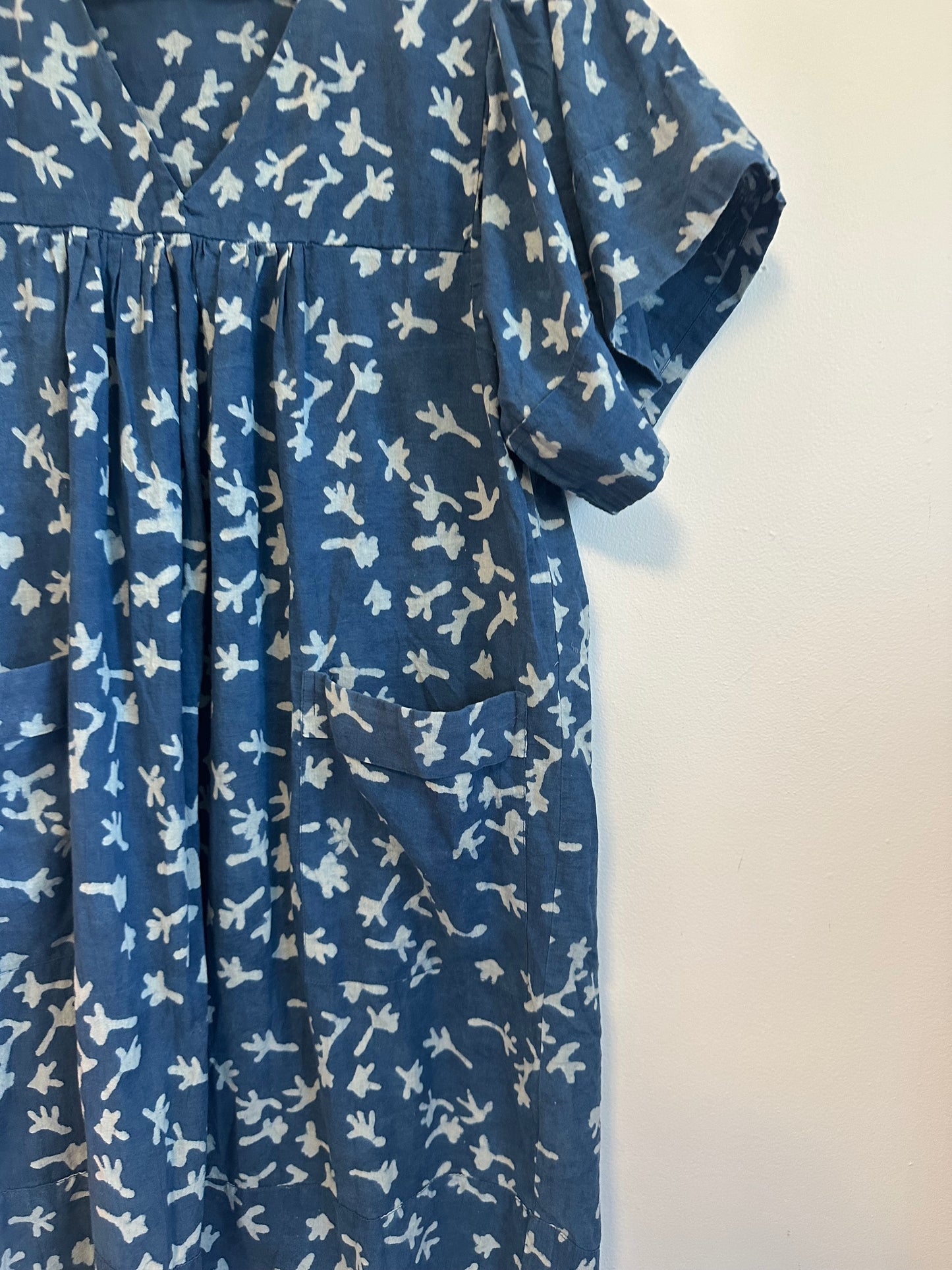Mirth Indigo Block Print Short Cotton Mini Dress with Pockets | Size XS