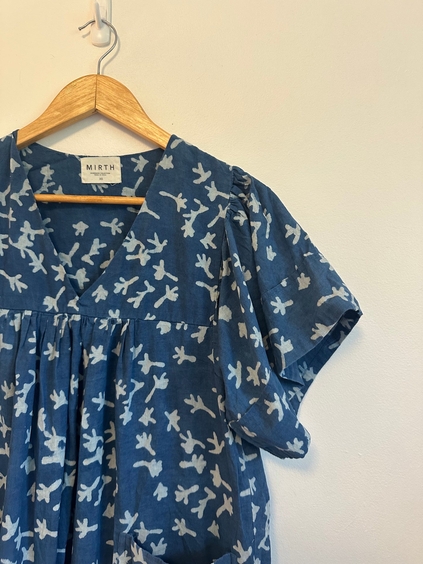 Mirth Indigo Block Print Short Cotton Mini Dress with Pockets | Size XS