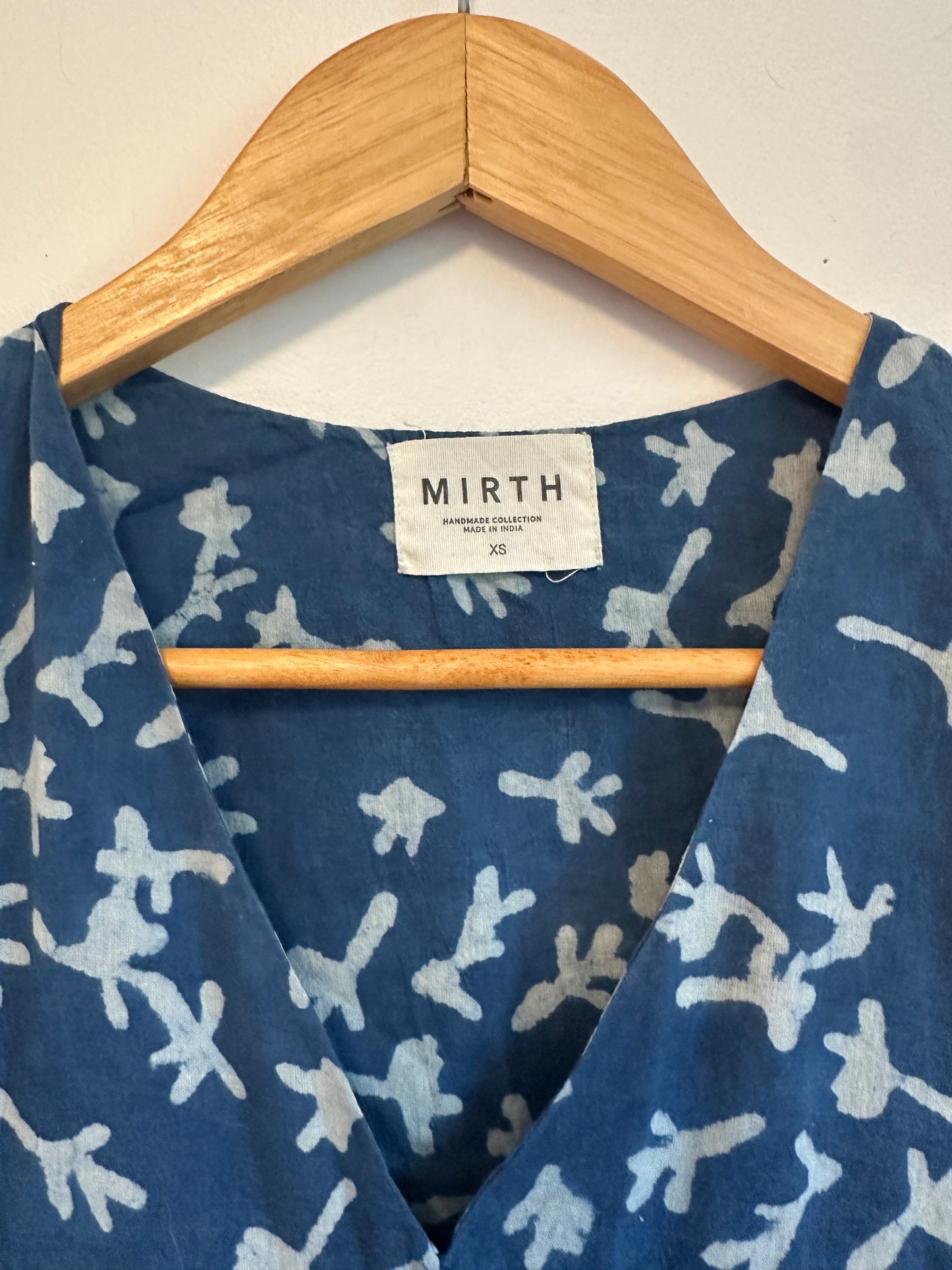 Mirth Indigo Block Print Short Cotton Mini Dress with Pockets | Size XS