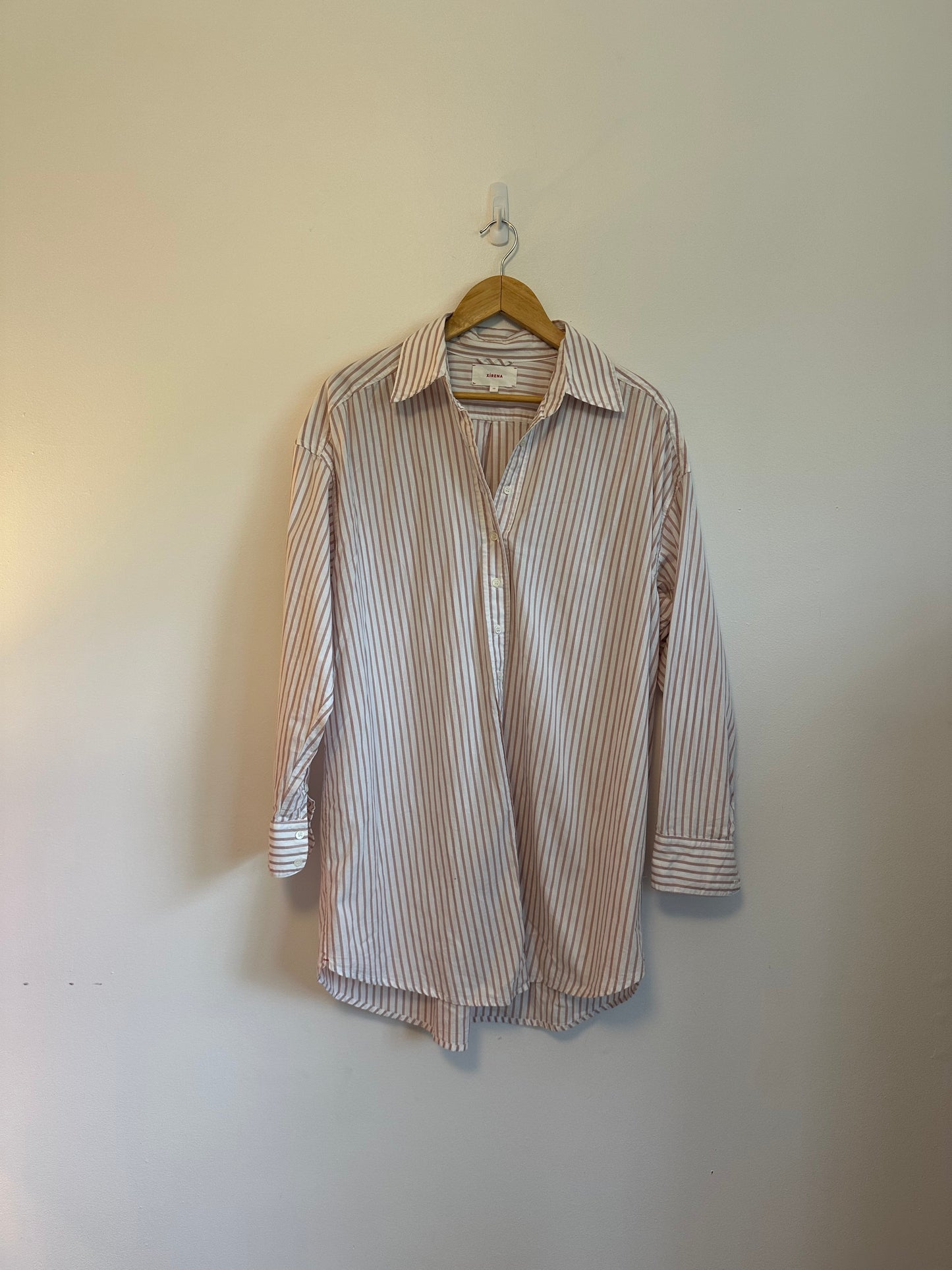 Xirena Oversized Button Down Shirt in Tan and White Stripe | Size XS