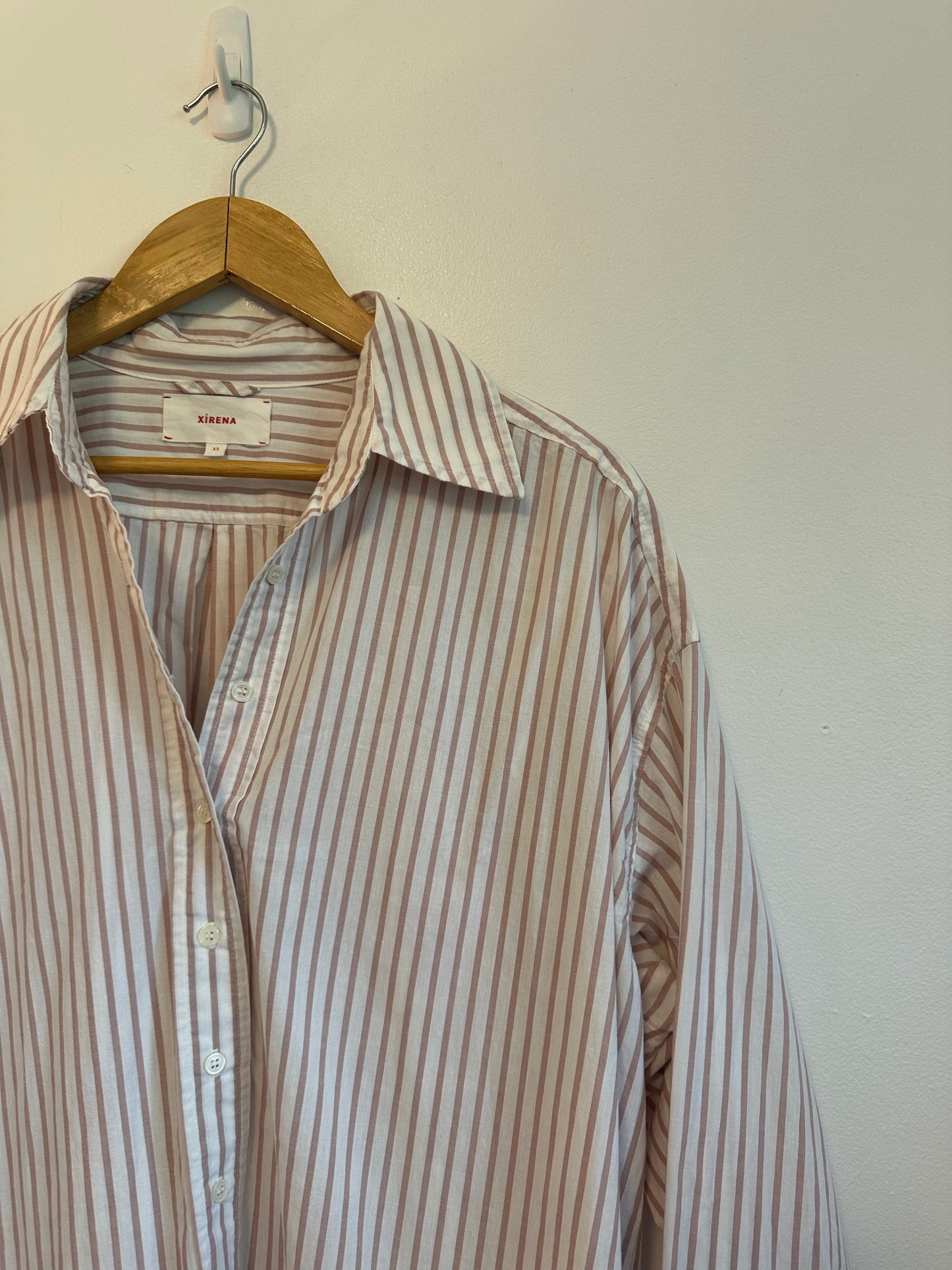 Xirena Oversized Button Down Shirt in Tan and White Stripe | Size XS