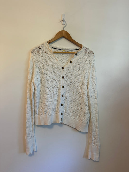 Boden Ivory White Pointelle Cotton Knit Button Front Cardigan | Size 10