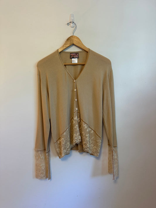 April Cornell Tan Lace Velvet Trim V-Neck Cardigan Sweater | Size Medium