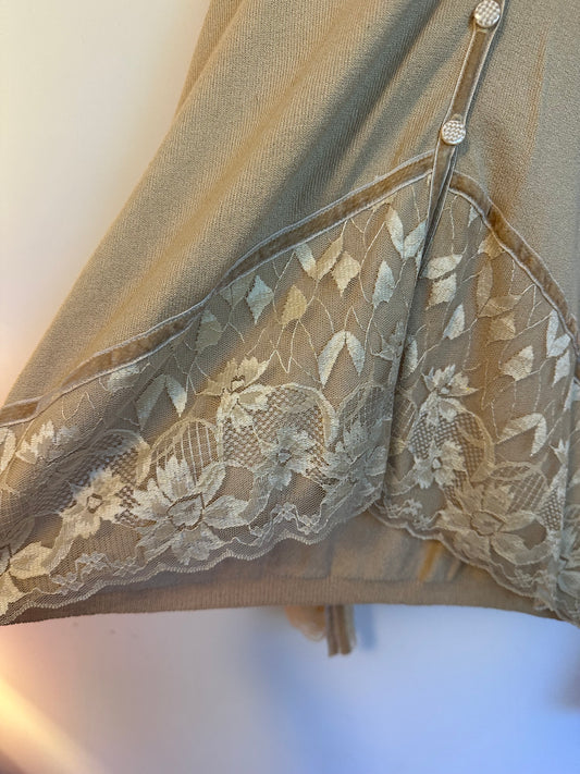 April Cornell Tan Lace Velvet Trim V-Neck Cardigan Sweater | Size Medium