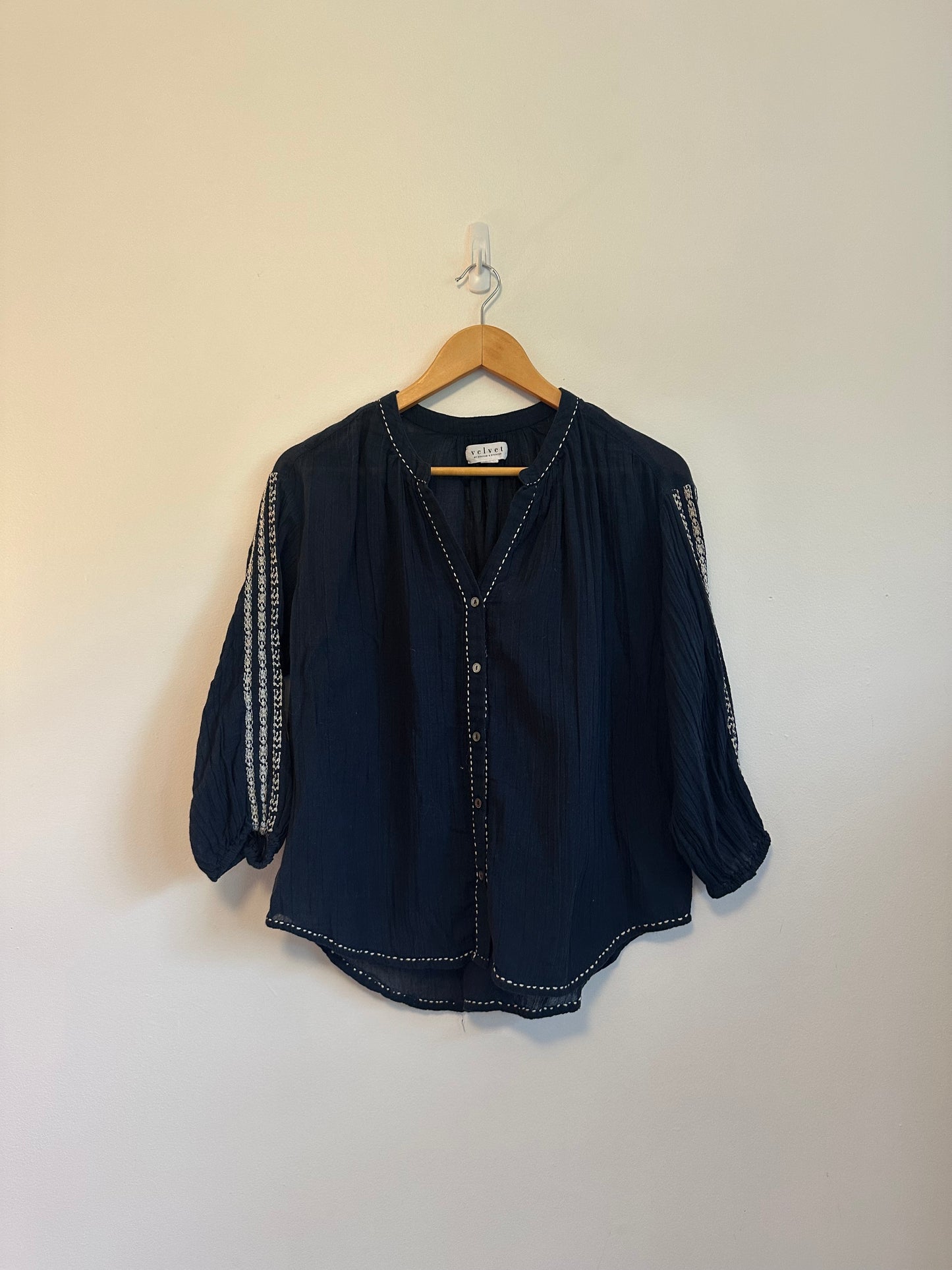 Velvet by Graham & Spencer Navy Blue Button Down Peasant Top | Size Small