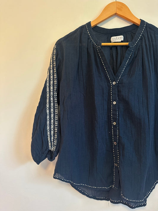 Velvet by Graham & Spencer Navy Blue Button Down Peasant Top | Size Small