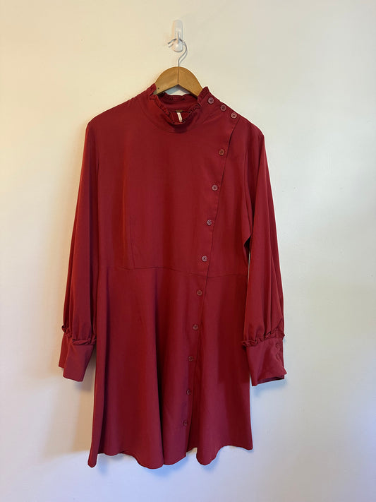 NWT Free People Red Ruffle Neck Asymmetrical Button Dress | Size Small