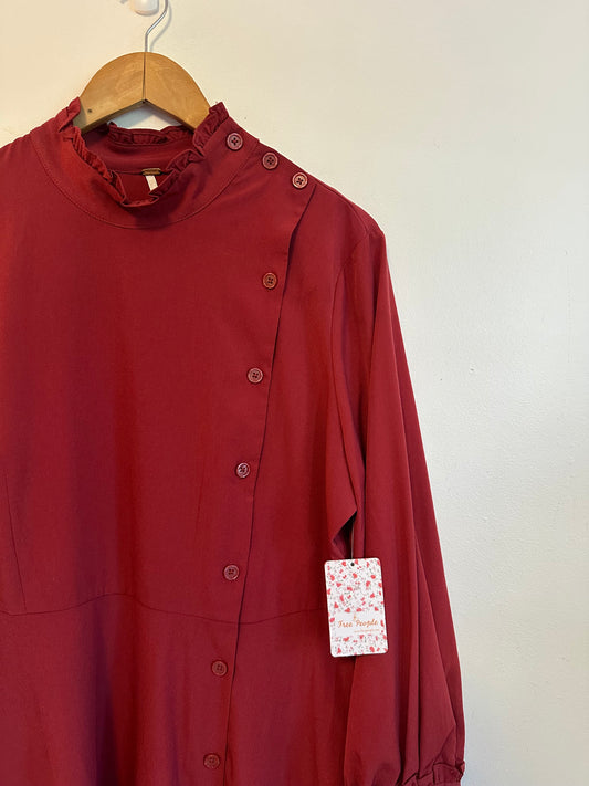 NWT Free People Red Ruffle Neck Asymmetrical Button Dress | Size Small