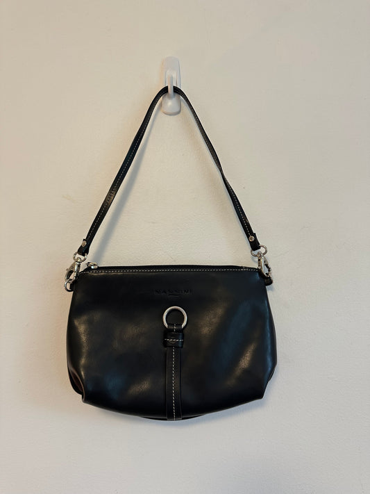 Nannini Black Italian Leather Shoulder Bag with Contrast Stitch and Silver Ring Detail