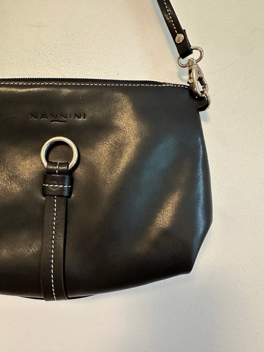 Nannini Black Italian Leather Shoulder Bag with Contrast Stitch and Silver Ring Detail