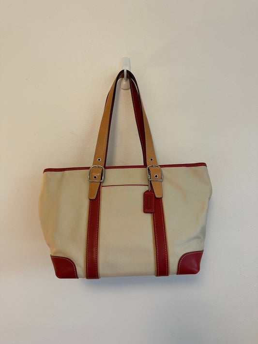 Coach Hamptons Weekend Tote Bag in Cream Canvas and Red Leather Trim