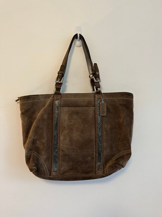 Coach Hampton Brown Suede Beaded Tote Bag with Metallic Leather Trim