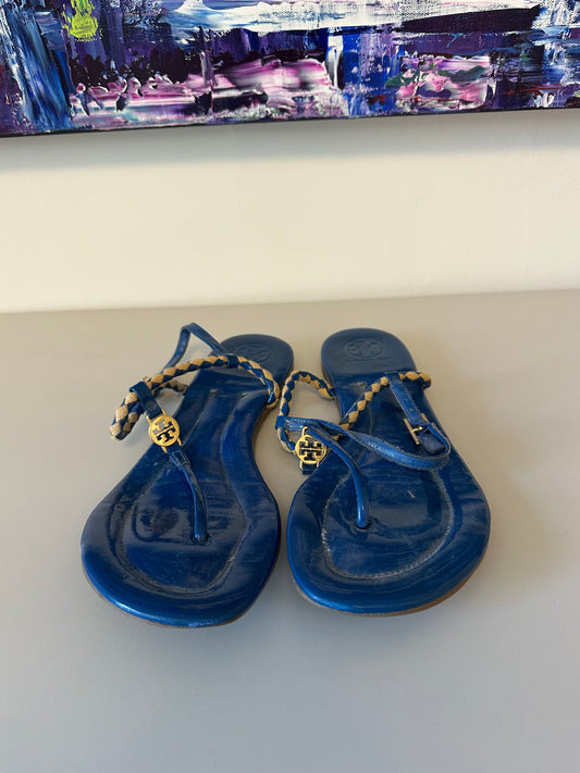 Tory Burch Aine Flat Thong Sandals in Blue Patent Leather | Size 9