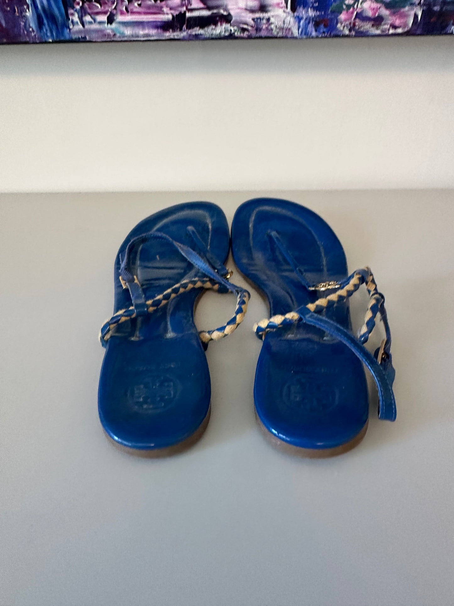 Tory Burch Aine Flat Thong Sandals in Blue Patent Leather | Size 9