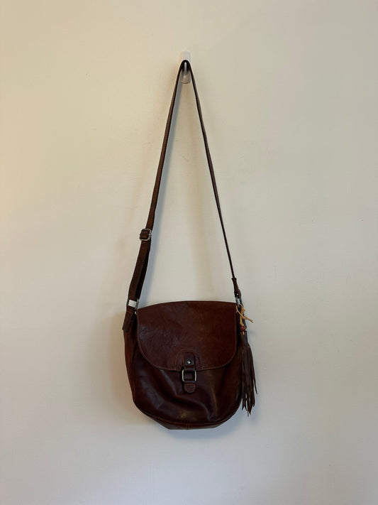 Brown Leather Crossbody Saddle Bag Tassel Accent and Adjustable Strap