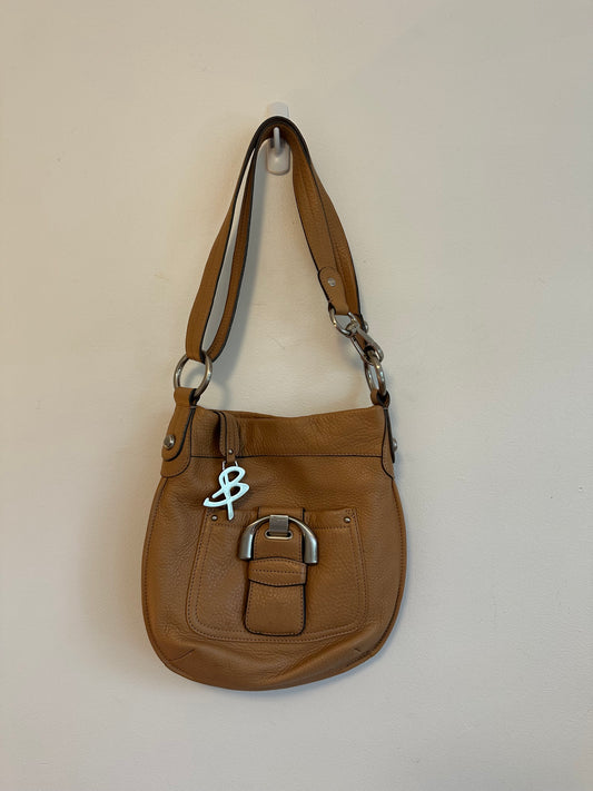 B Makowsky Tan Pebbled Leather Hobo Shoulder Bag with Silver Buckle