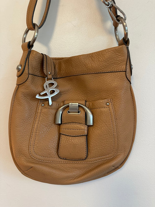B Makowsky Tan Pebbled Leather Hobo Shoulder Bag with Silver Buckle