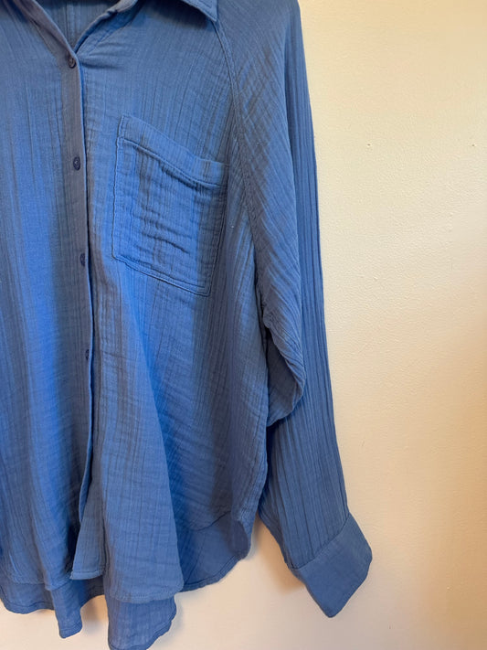 Z Supply Perfect Airy Cotton Gauze Button-Up Top in Blue | Size Large