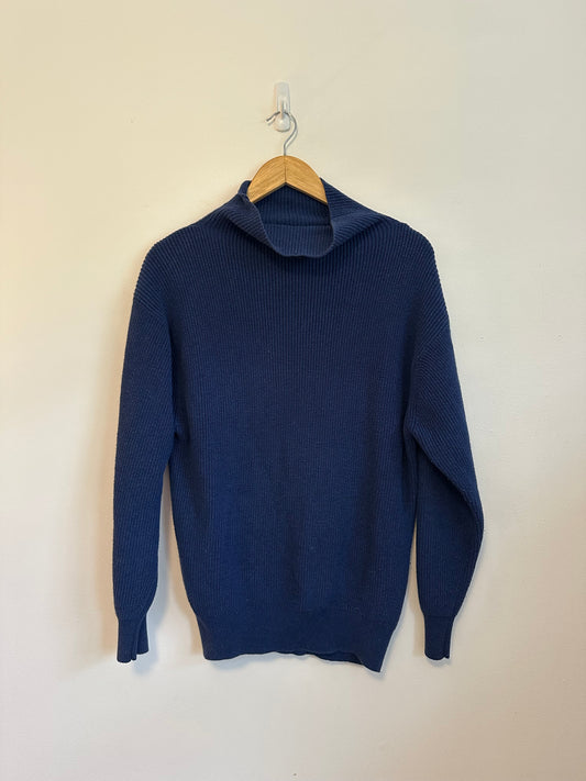 Wilfred Aritzia Navy Blue Merino Wool and Cotton Ribbed Mock Neck Sweater | Medium
