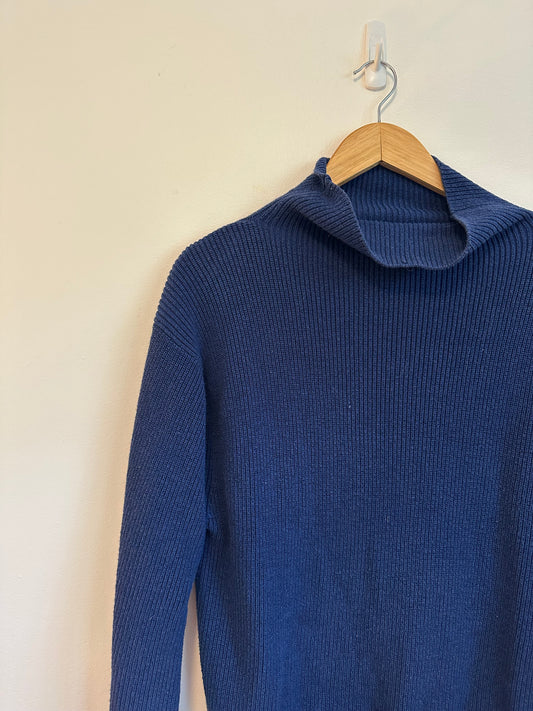 Wilfred Aritzia Navy Blue Merino Wool and Cotton Ribbed Mock Neck Sweater | Medium