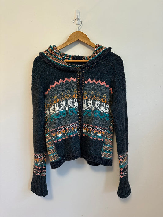 Free People Hooded Fair Isle Cardigan in Charcoal Multi | Size Large