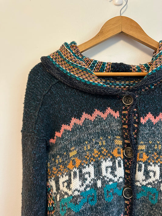 Free People Hooded Fair Isle Cardigan in Charcoal Multi | Size Large