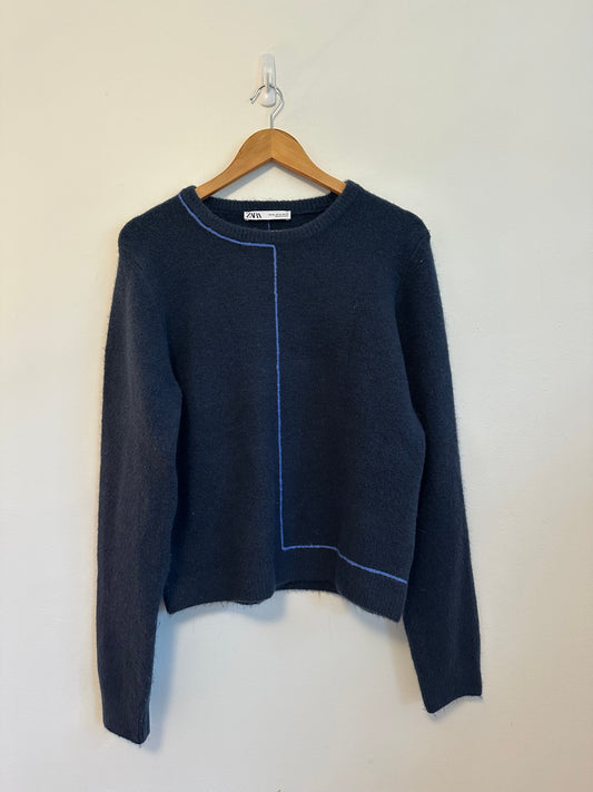 Zara Navy Blue Wool Blend Geometric Line Knit Sweater | Size XL