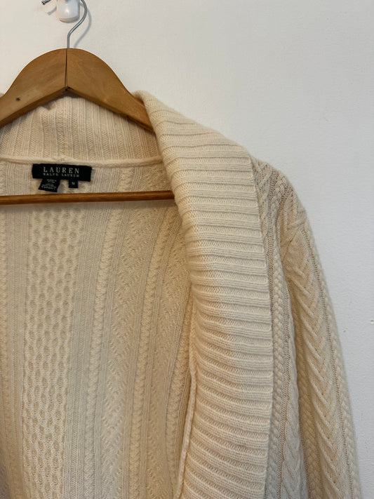 Lauren Ralph Lauren Ivory Cable Knit Lambswool Shawl Cardigan Sweater | Size Medium