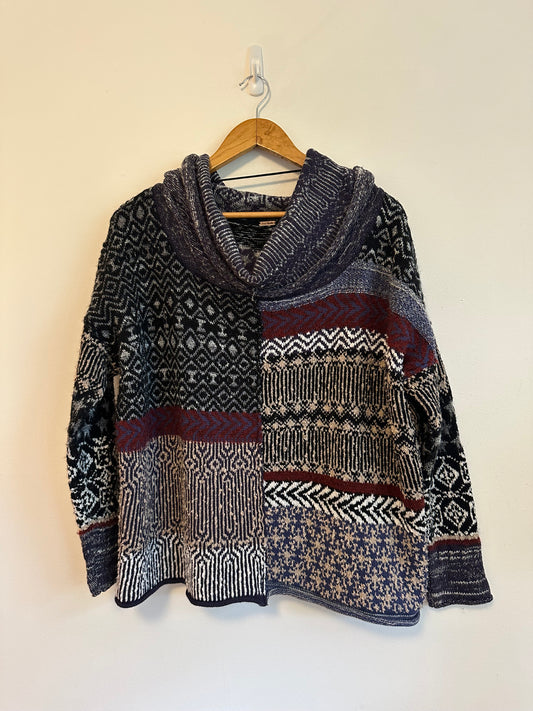 Free People Mixed Pattern Patchwork Cowl Neck Oversized Knit Sweater in Navy Blue