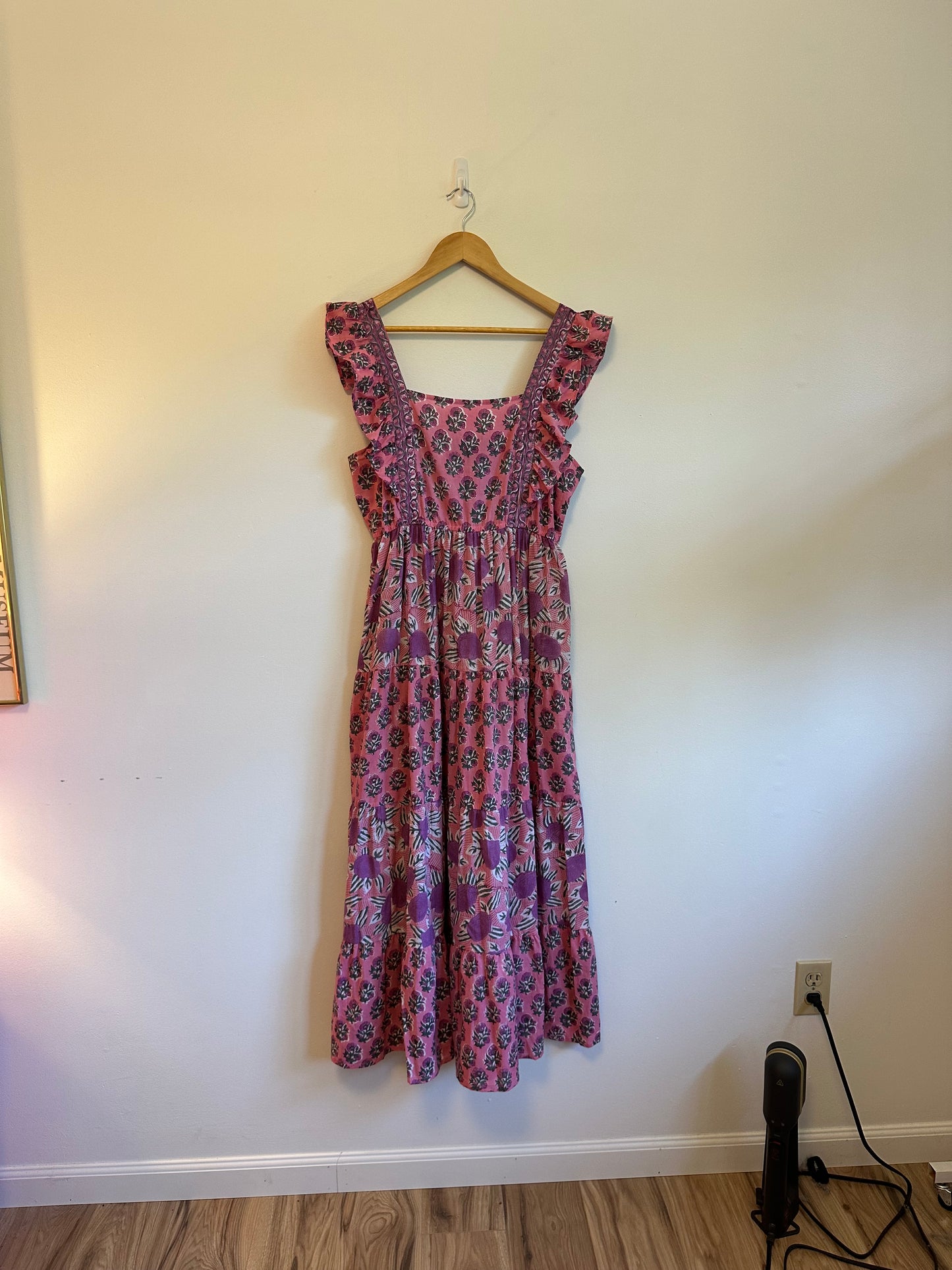 Pink Sleeveless Floral Smocked Cotton Maxi Dress | Size L/XL